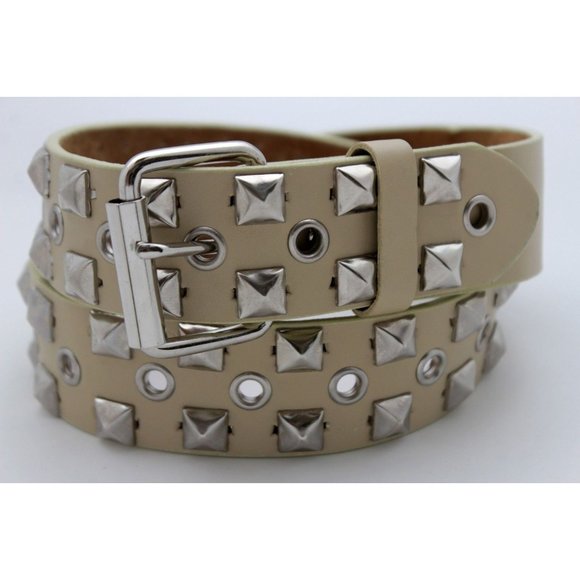New Women Men Fashion Belt Beige Faux Leather Silver Metal Studs Size S M L XL - Picture 6 of 17